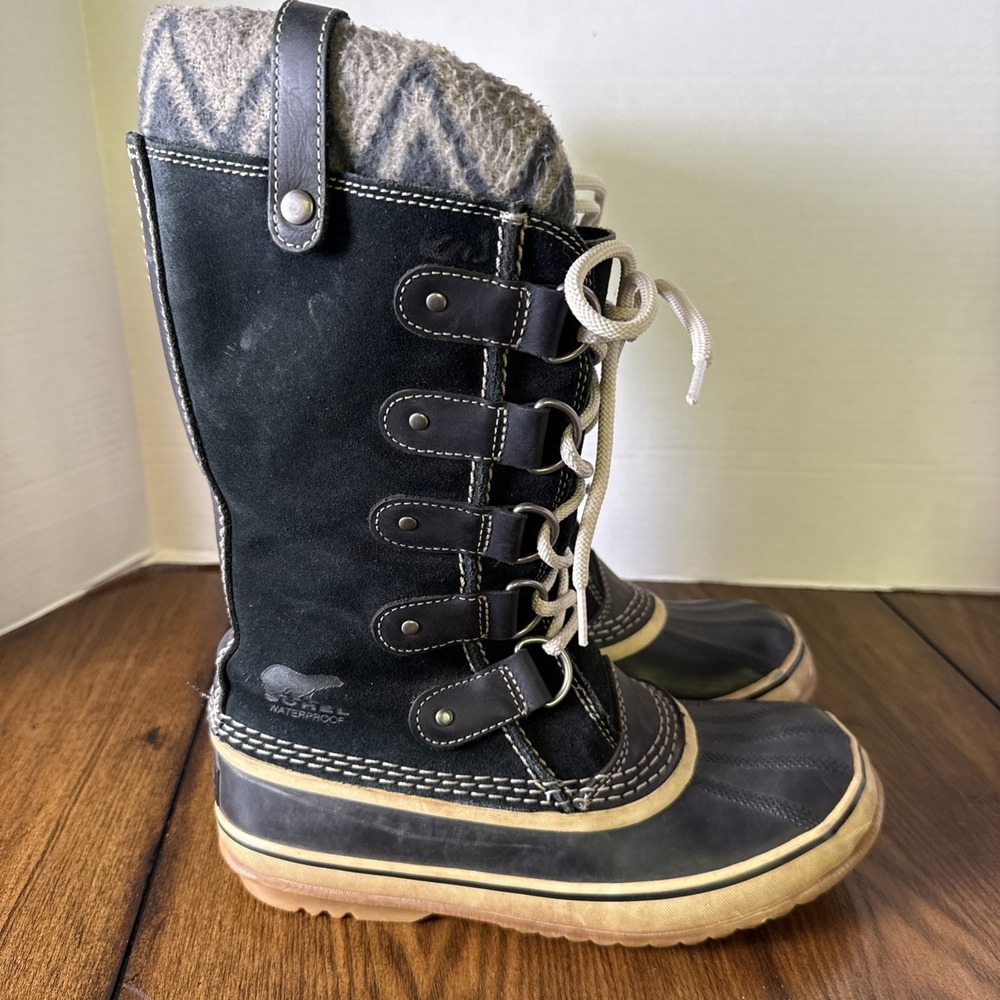 Sorel Joan Of Arctic Knit Wo's NL2142-010 Black Suede Waterproof Boots Size 7